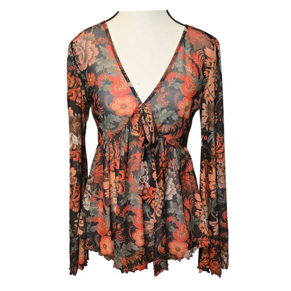 Goblincore Womens Sheer Babydoll Boho Top Medium Bell Sleeve Forest Fairy Grunge - Picture 1 of 11
